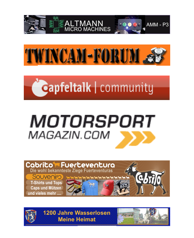 Sonstige Links

￼Meine Empfehlung für jeden Harley Motor - und super Service

￼
super Forum zu Fragen von Harley und was dazu gehört

￼
das beste deutsche Forum zu Apple

￼
alles über Motorsport

￼
DAS Souvenir der Insel

￼
Da komme ich her